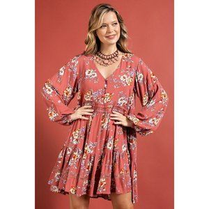 Easel Antique Rose Floral Printed V Neck Ruffled Bottom Rayon Gauze Mini Dress